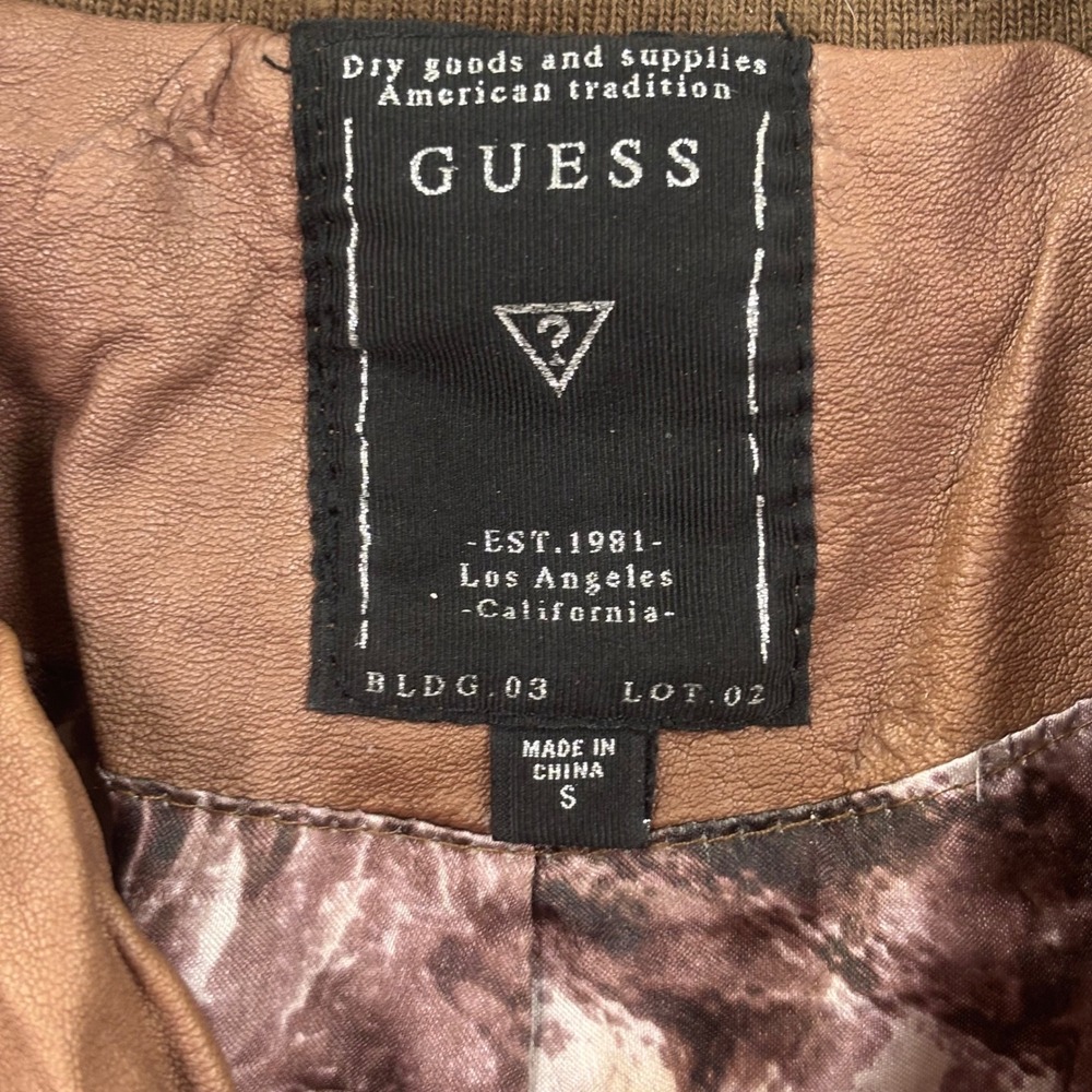 GUESS Moto Jacket Small Brown Faux Leather Ribbed Knit Trim Womens - Picture 2 of 6